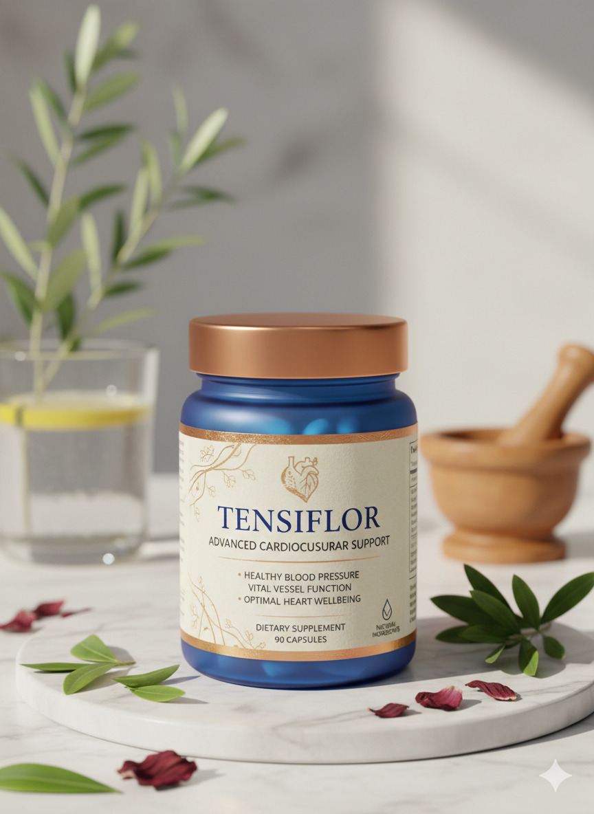 Tensiflor supplement bottle and capsules on a neutral surface